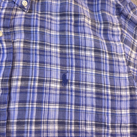 Ralph Lauren Shirt XL Blue Plaid 100% Linen Short Sleeve Button Down Pony - Picture 2 of 8